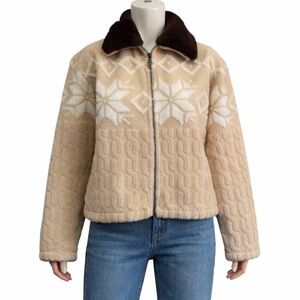 Vintage Alpine Fleece Fair Isle Cardigan | Faur Fur Collar | Full Zip | Small